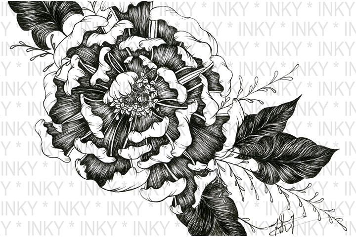 Black and white floral design with 'INKY' branding in the background