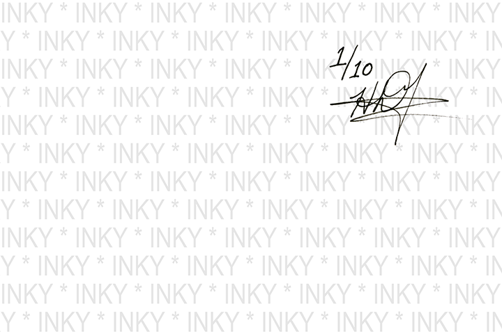 Repetitive text 'INKY' with a signature on a white background