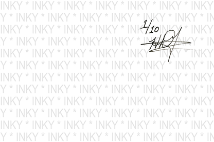 Repetitive text 'INKY' with a signature on a white background