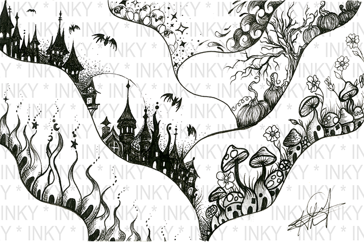Fantasy landscape with castles and mushrooms in black and white.