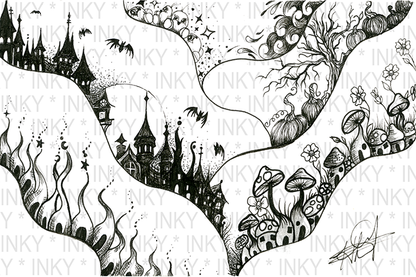 Fantasy landscape with castles and mushrooms in black and white.