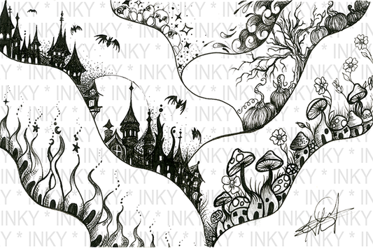 Fantasy landscape with castles and mushrooms in black and white.
