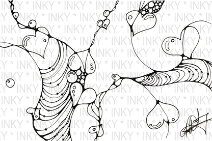 Black and white abstract design with 'INKY' branding on a white background