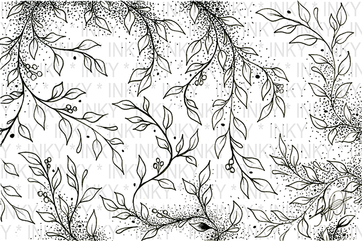 Black and white floral pattern with leaves and dots on a textured background
