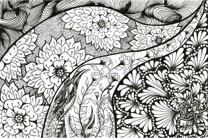 Black and white floral and wave pattern