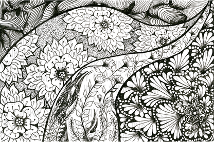 Black and white floral and wave pattern