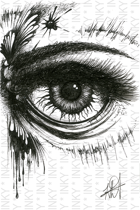 Detailed black and white illustration of an eye with artistic elements on a white background.