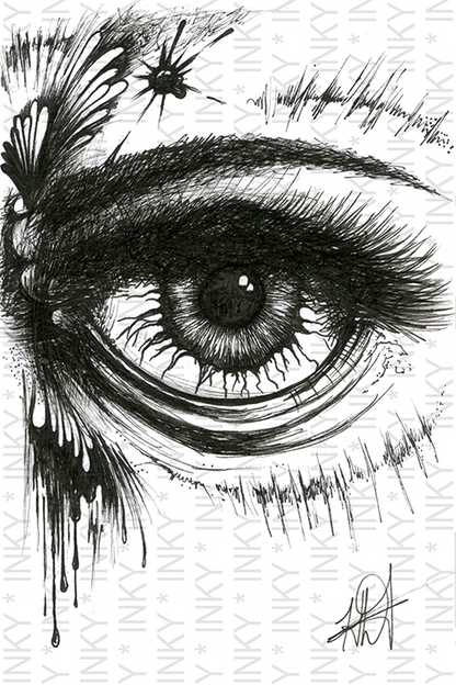 Detailed black and white illustration of an eye with artistic elements on a white background.